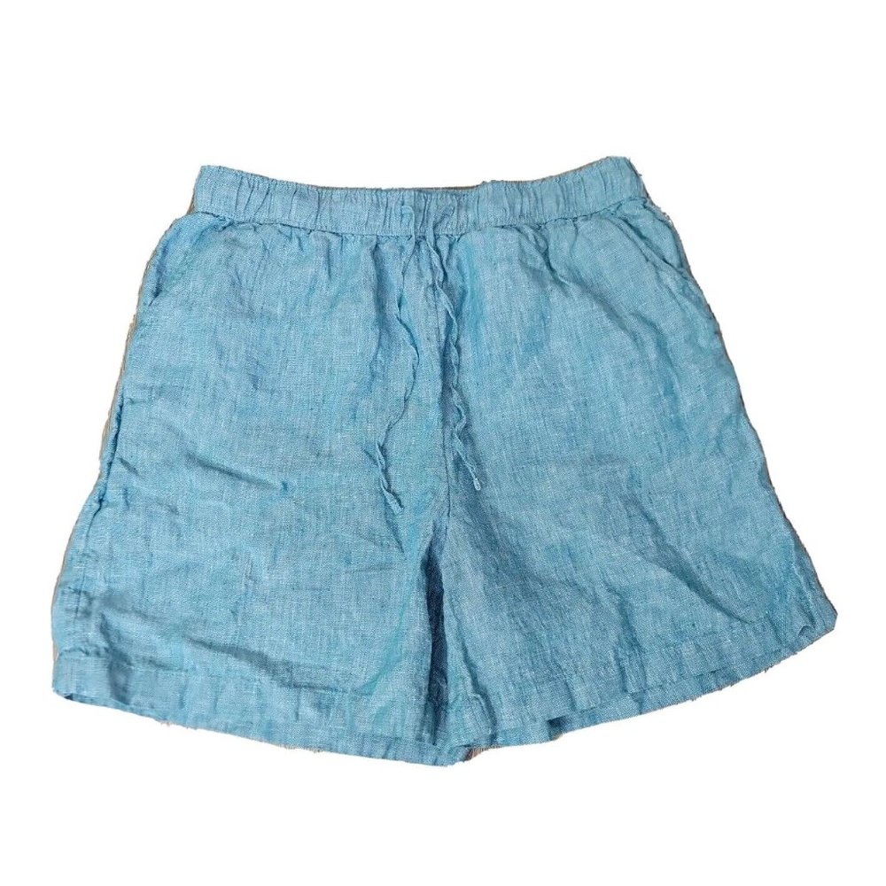 Tahari Men's M Teal Heather Shorts 100% Linen Elastic Waist Slit Pockets Beachy
